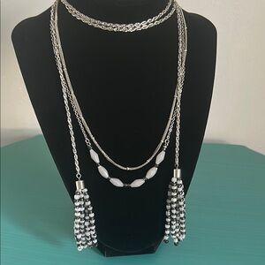 Silver Tone Layered Lariat Multi-Style  Gray and Black Bead Tassel Necklace